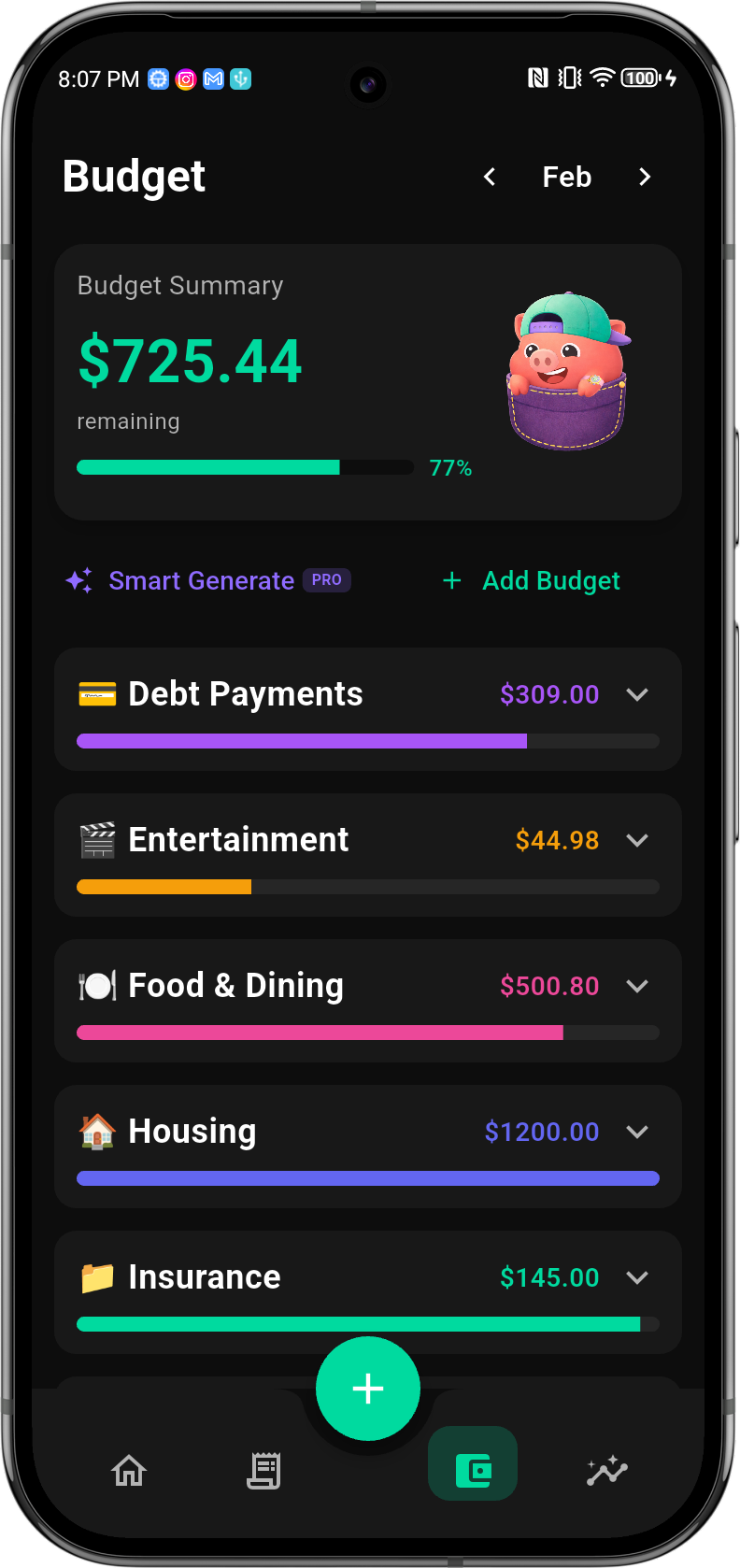 Budget tracking with progress bars