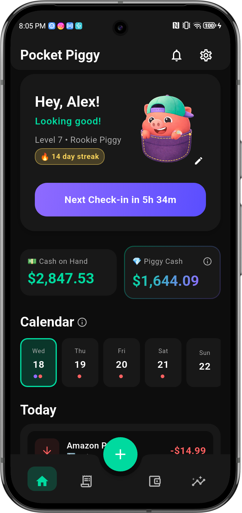 Pocket Piggy app — Home Screen