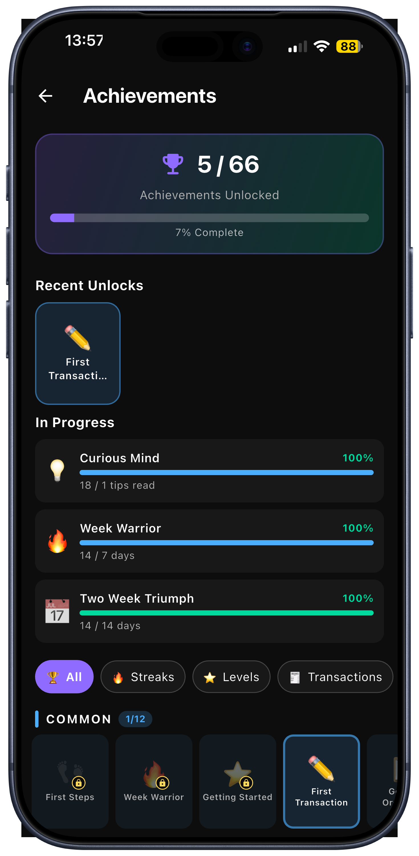Achievement grid with unlocked badges across rarity tiers