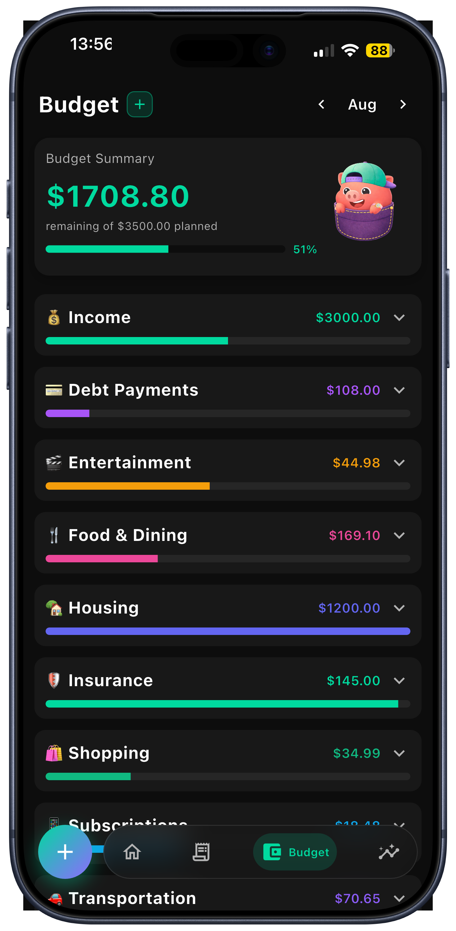 Budget tracking with colour-coded progress bars