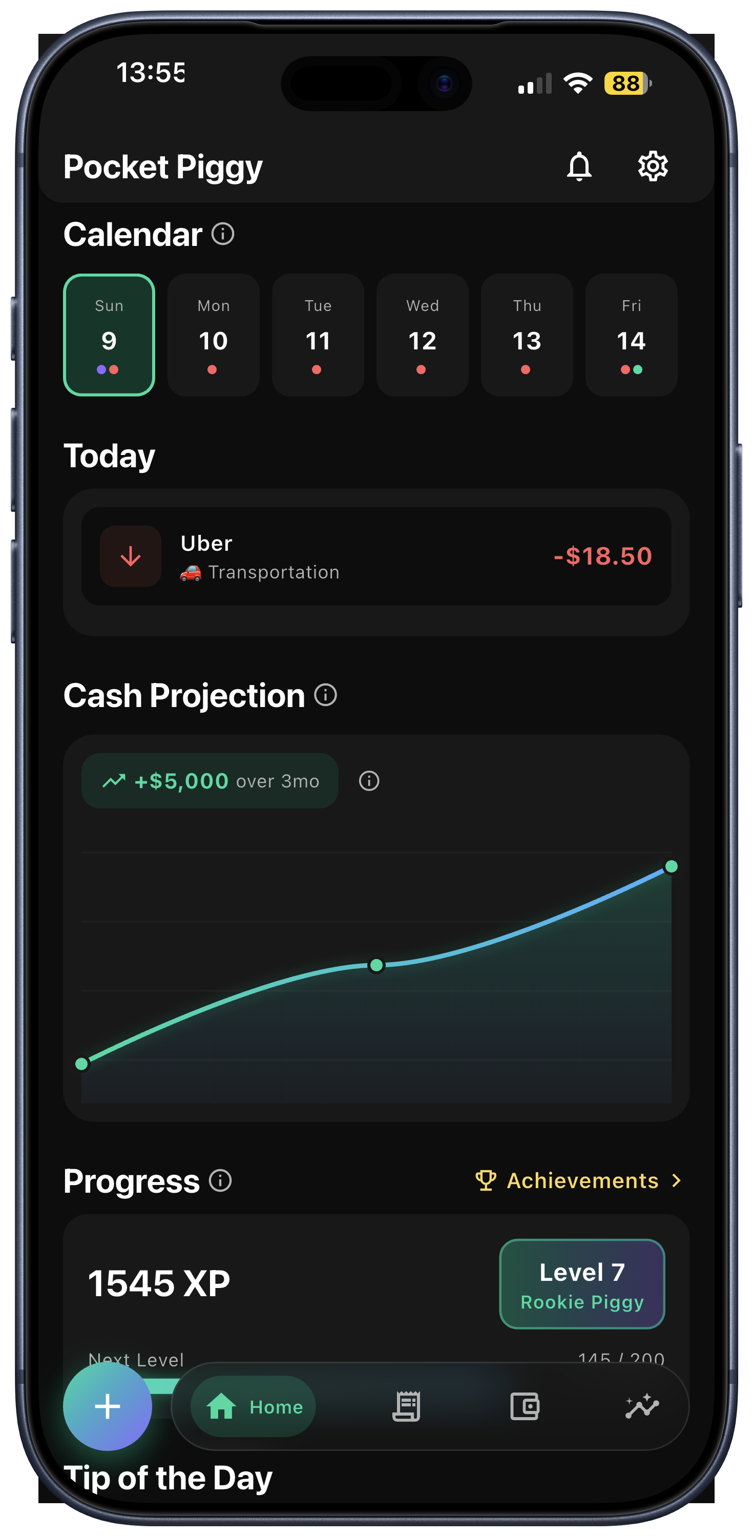 Cash projection chart forecasting the month ahead