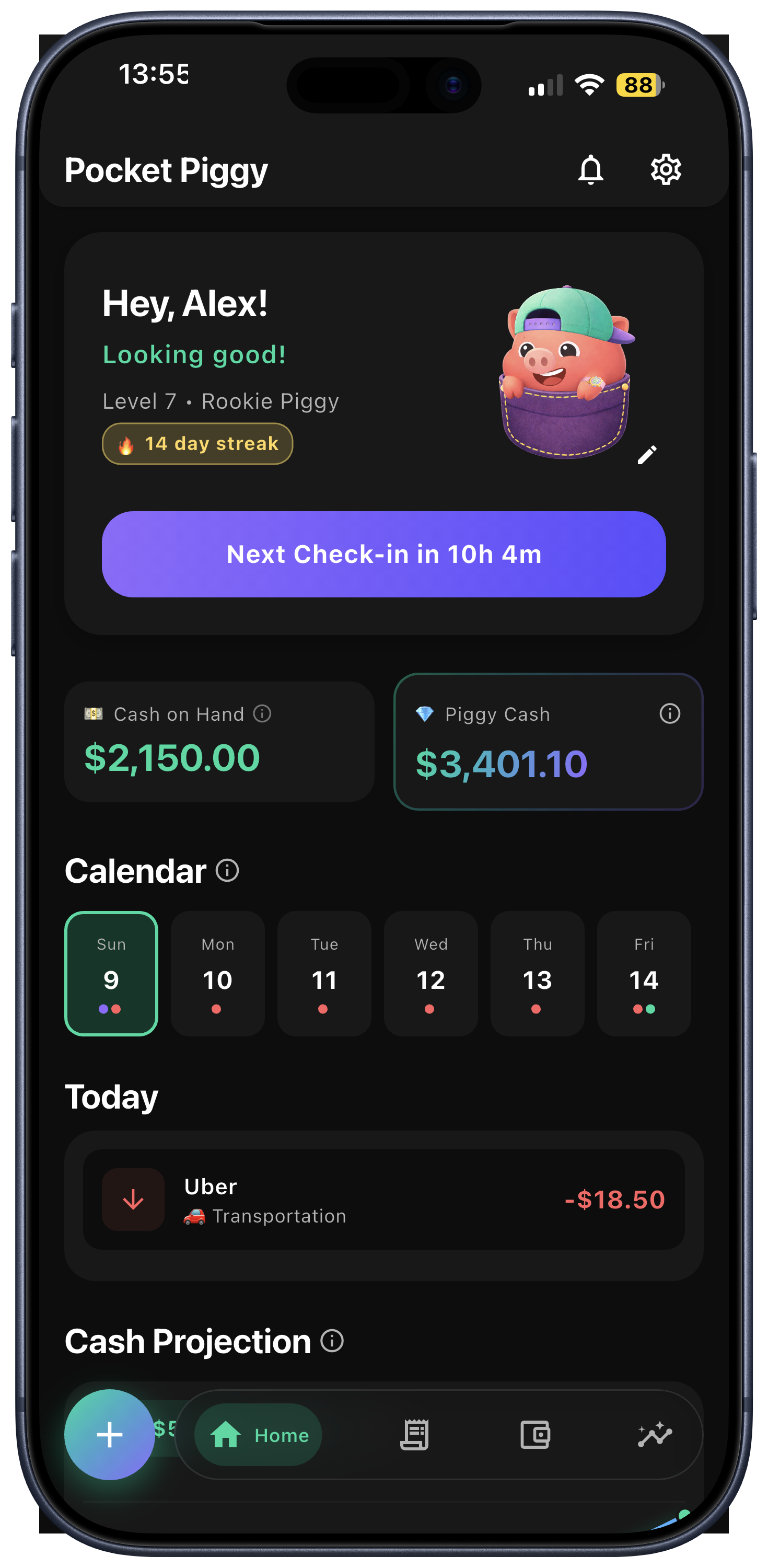 Pocket Piggy app — home screen with cash on hand and Piggy Cash